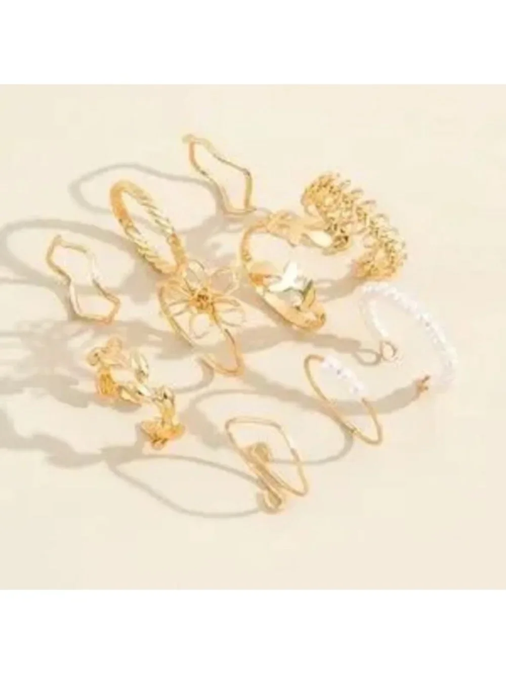 Boho Gold tone Floral Pearl Leaf Ring set - Picture 2 of 4